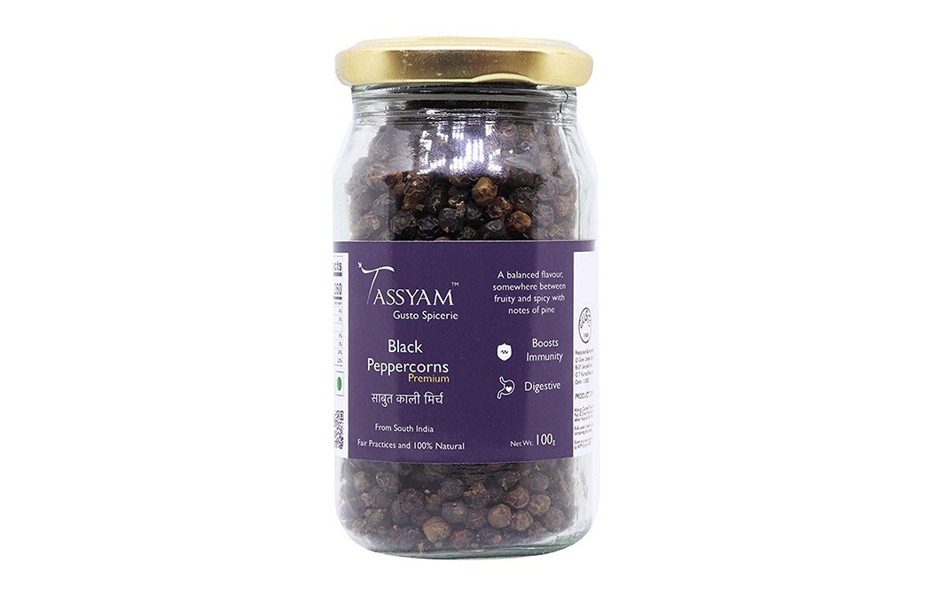 Tassyam Black Peppercorns    Glass Jar  100 grams